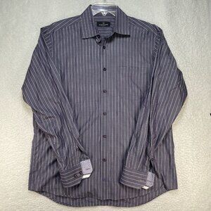 Bugatchi Men’s XL X Large Long Sleeve Purple White Striped Dress Casual Shirt